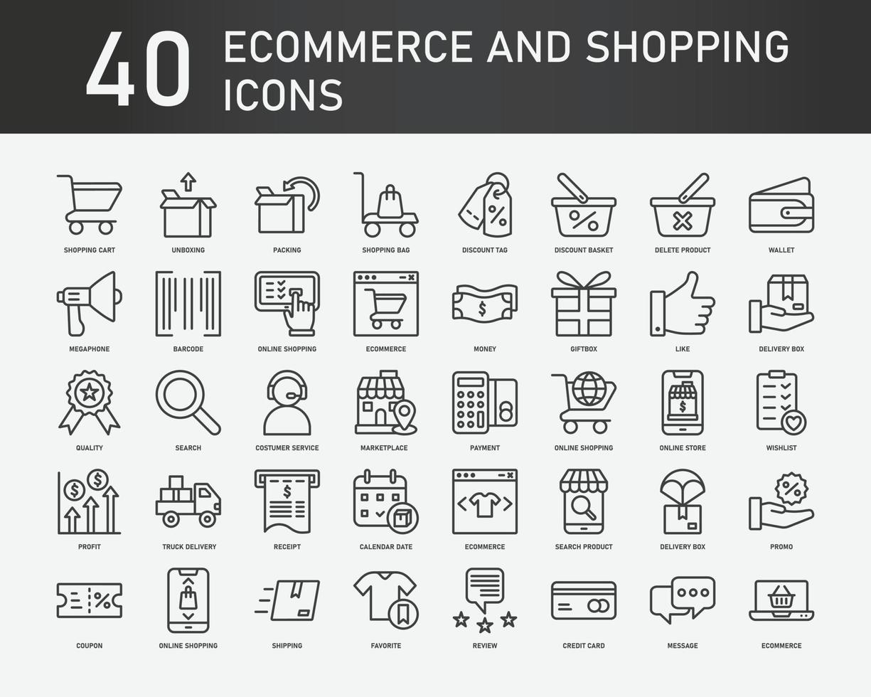 La colección de iconos de esquema de comercio electrónico y compras contiene iconos como comercio, envío, entrega y compras en línea. conjunto de iconos web simples. vector