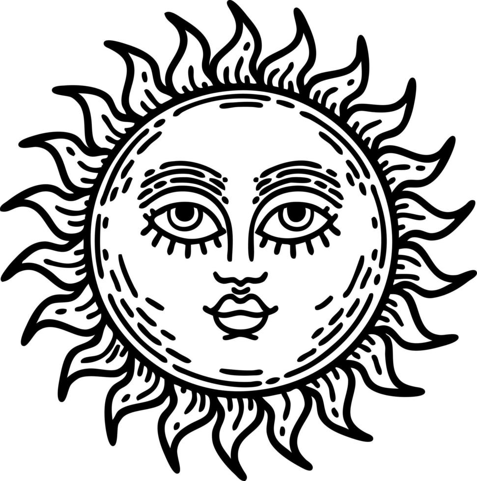 tattoo in black line style of a sun with face vector