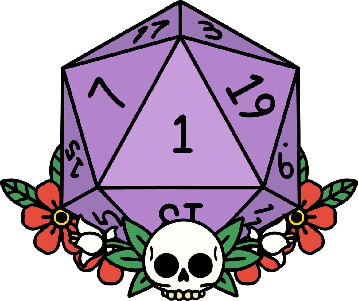 Retro Tattoo Style natural one dice roll with floral elements vector
