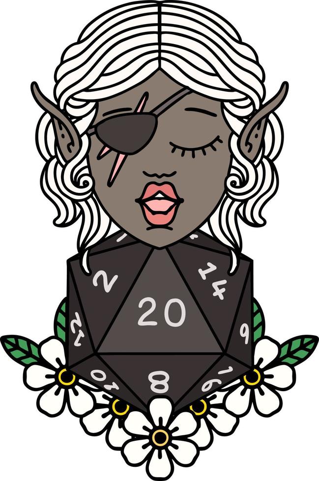 Retro Tattoo Style elf rogue character with natural twenty dice roll vector
