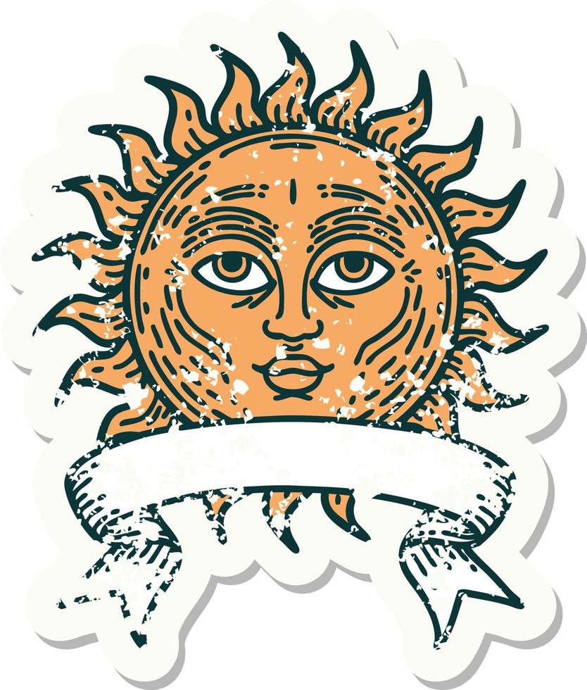 worn old sticker with banner of a sun with face vector