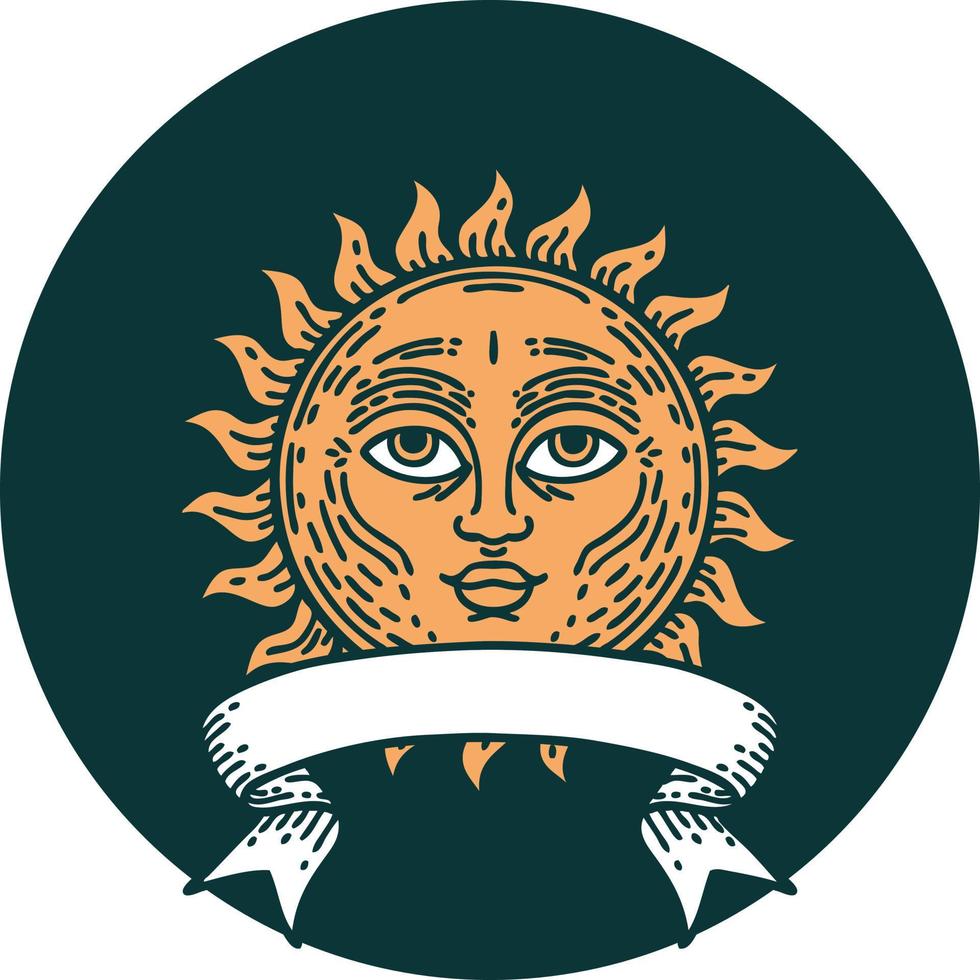 icono de estilo tatuaje con pancarta de un sol con cara vector