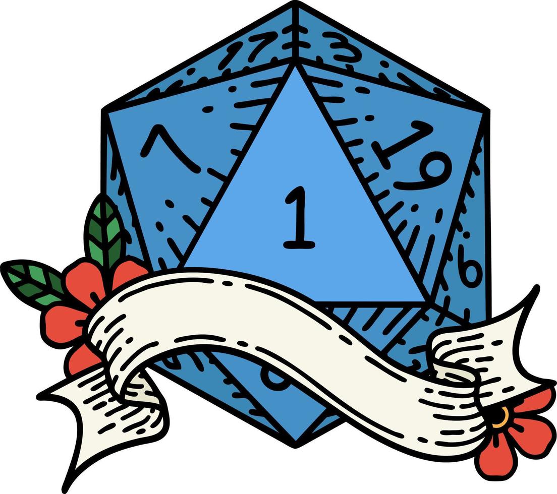 Retro Tattoo Style natural one d20 dice roll vector