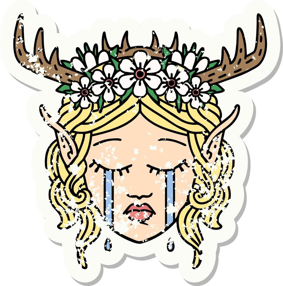 grunge sticker of a crying elf druid character face vector