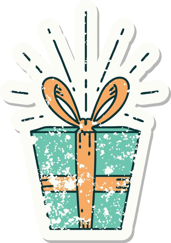 worn old sticker of a tattoo style christmas present vector