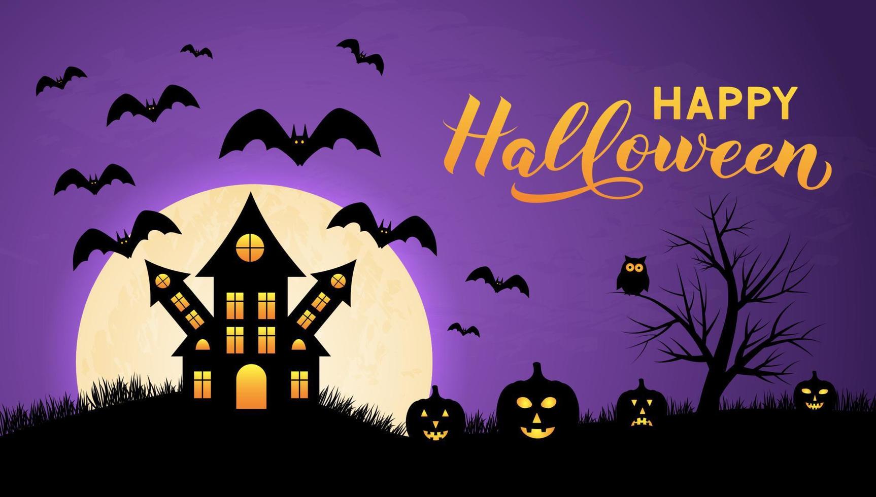 Halloween night vector illustration with Full moon Spooky Haunted House, pumpkins, bats and calligraphy hand lettering. Easy to edit template for greeting card, banner, poster, party invitation.