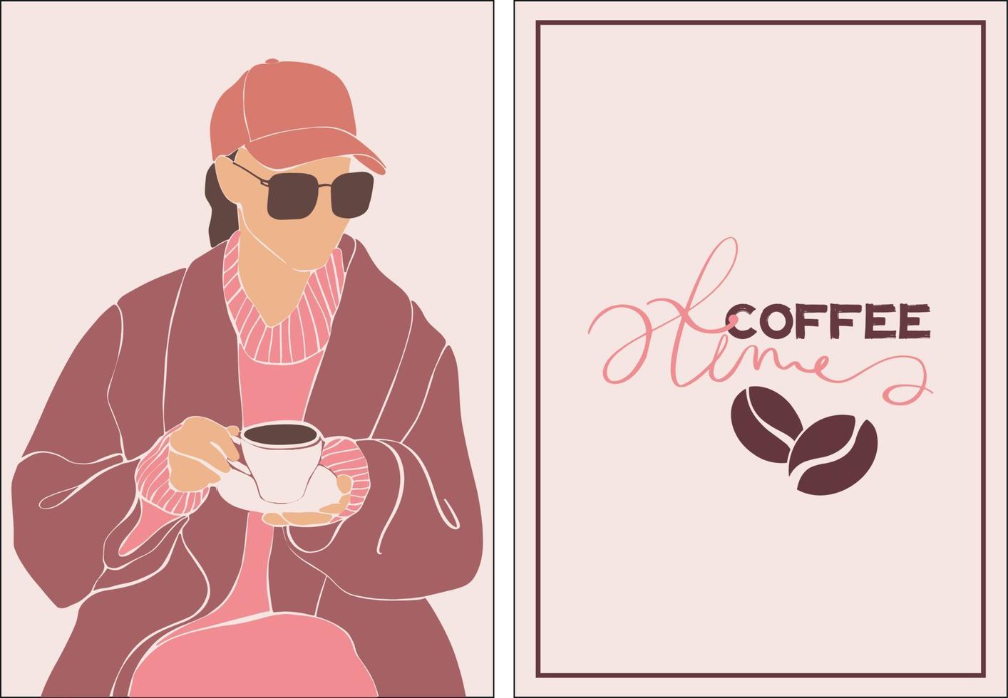 A set of posters on the coffee theme. A young girl is drinking coffee. Layout for a coffee shop. vector