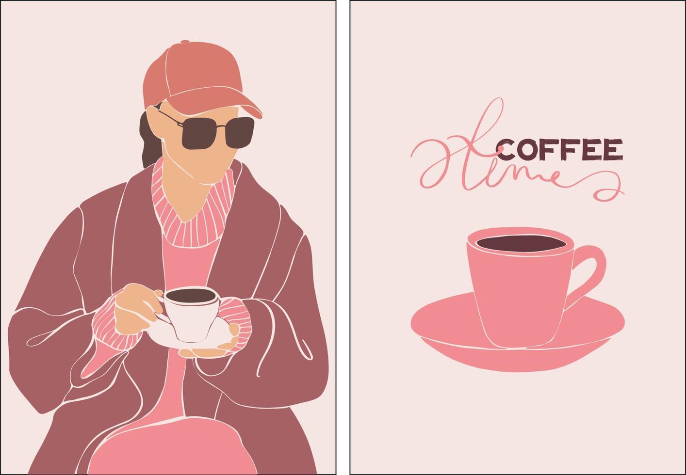 A set of posters on the coffee theme. A young girl is drinking coffee. Layout for a coffee shop. vector