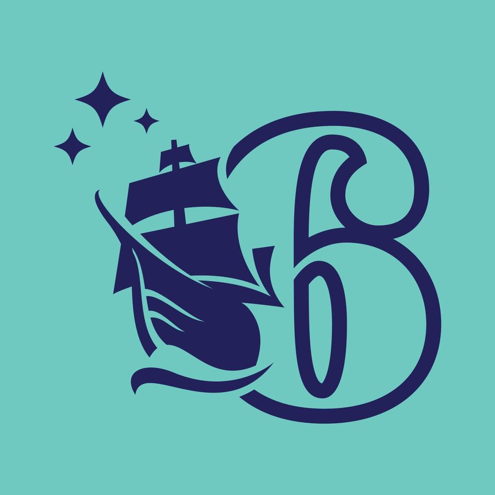 Numeric 6 Old Sail Boat Logo vector