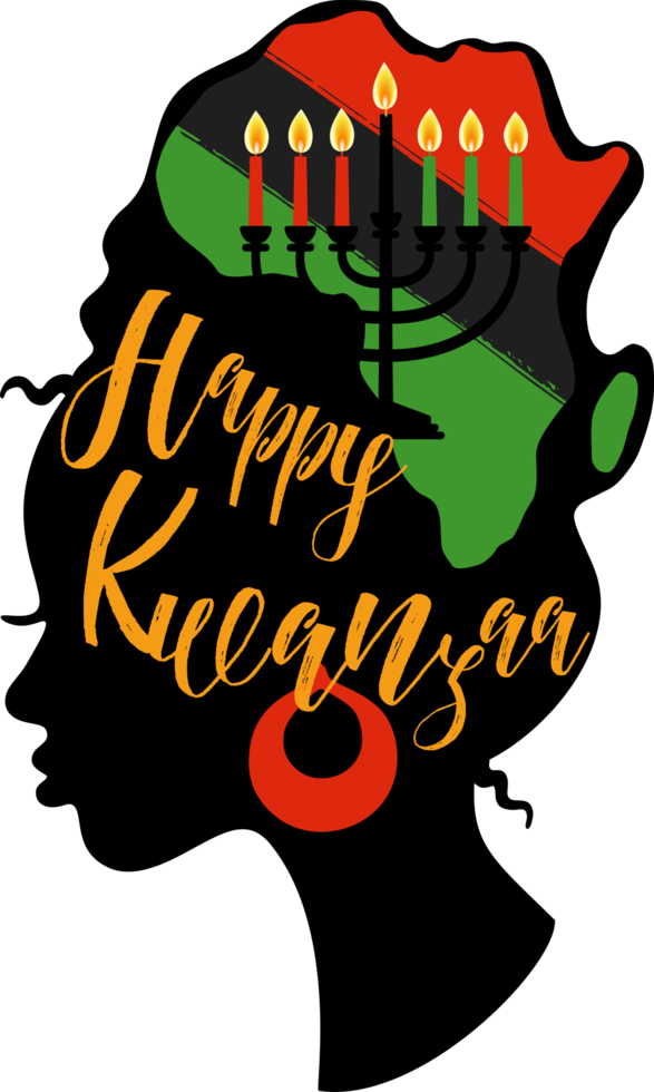 Greeting card for Kwanzaa with African women. Happy Kwanzaa decorative greeting card. seven kwanzaa candles in map Africa. png