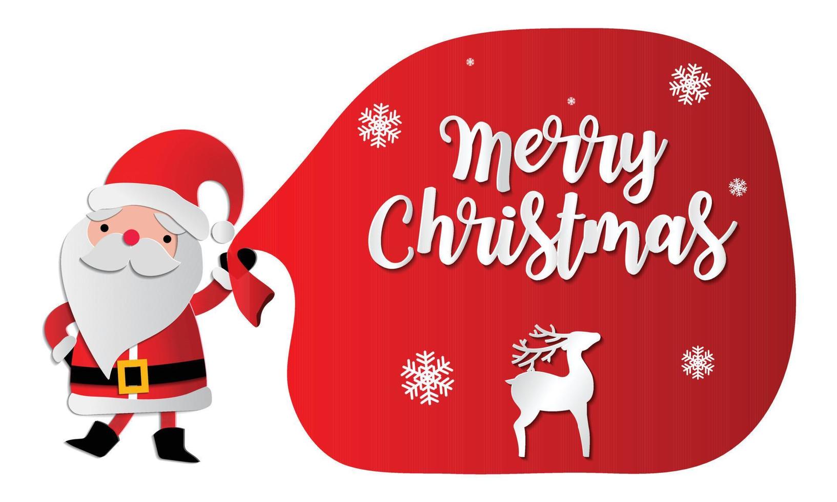 Merry Christmas Santa Claus and Deer Typographical paper cut background card vector