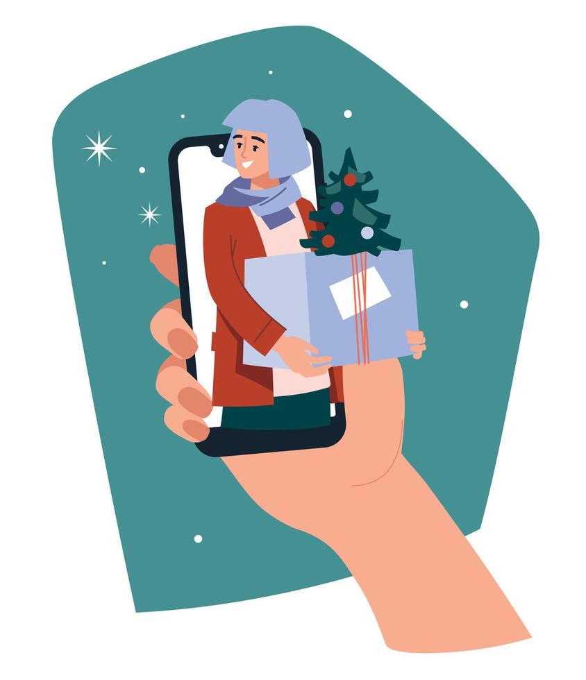 A Girl with a gift looks out of the phone. Online congratulations. The hand is holding a mobile phone. Vector illustration.