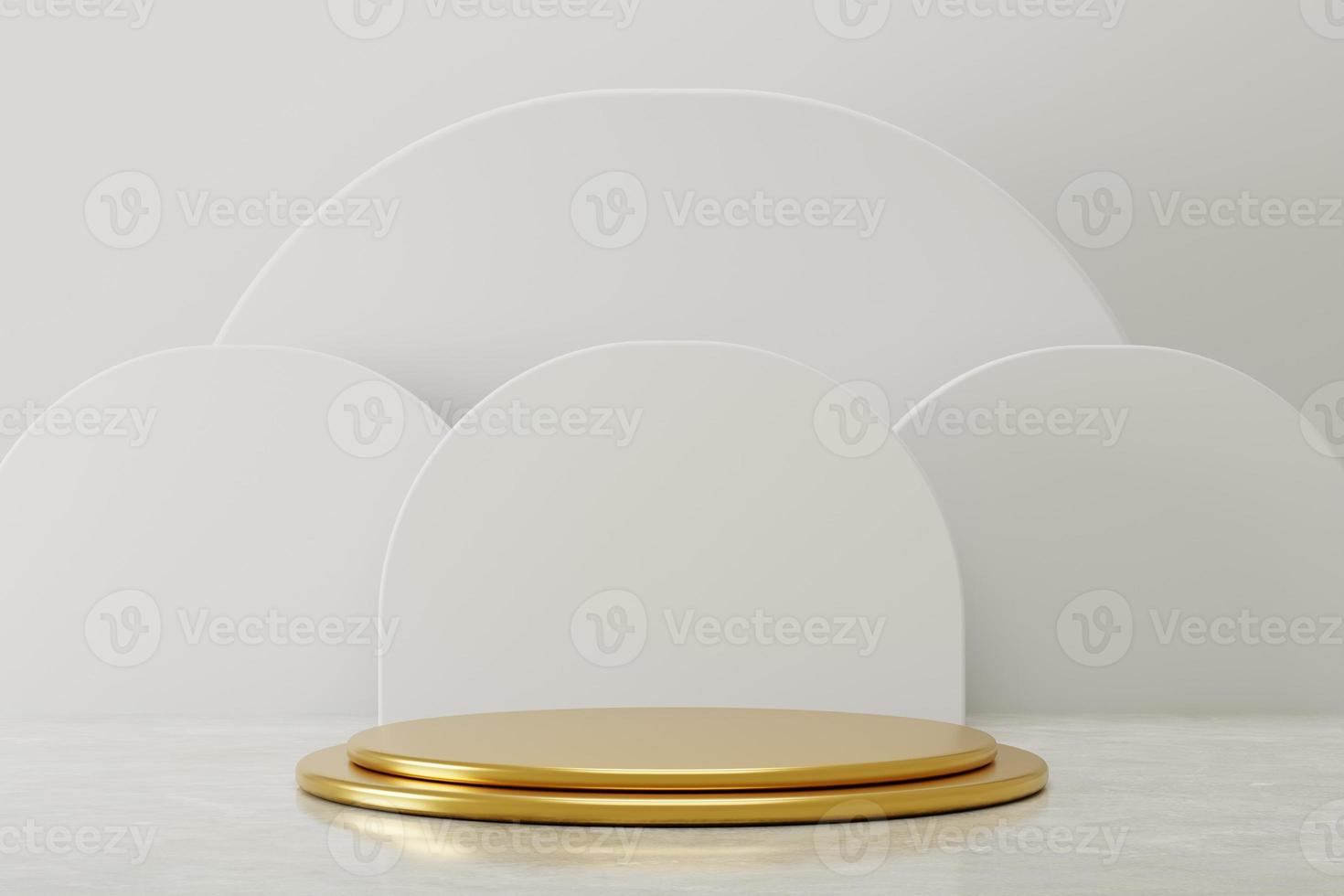 Simple gold podium display with abstract white, stand, exhibition stage, product presentation. Copy space for image composition. 3D illustration photo