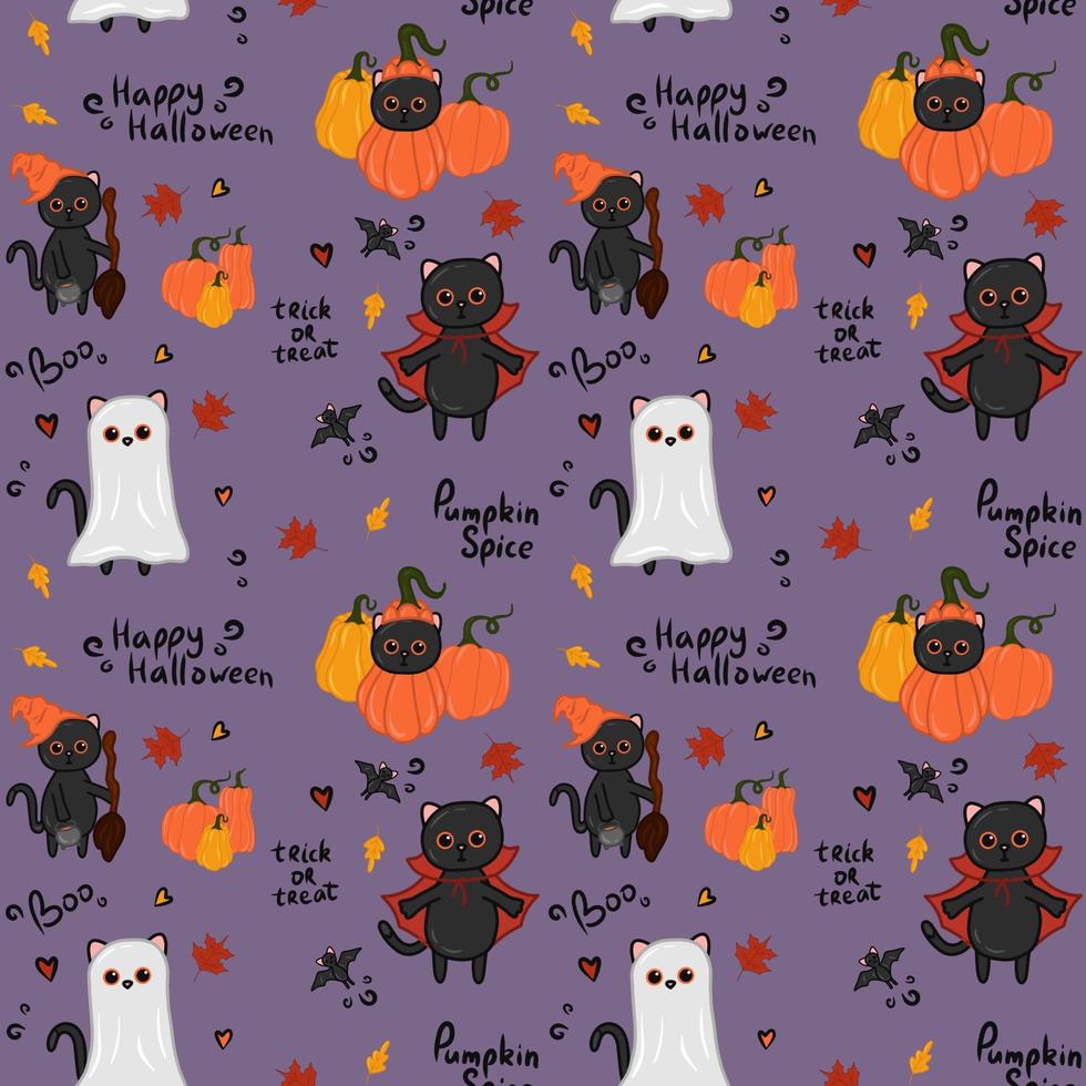 Halloween kawaii cat with costume vector seamless pattern