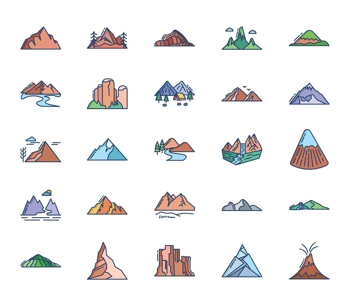 conjunto de iconos de formaciones de montañas y tierra vector