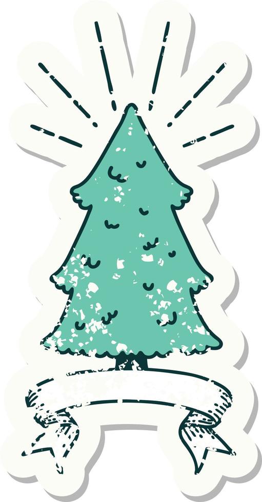 worn old sticker of a tattoo style pine tree vector