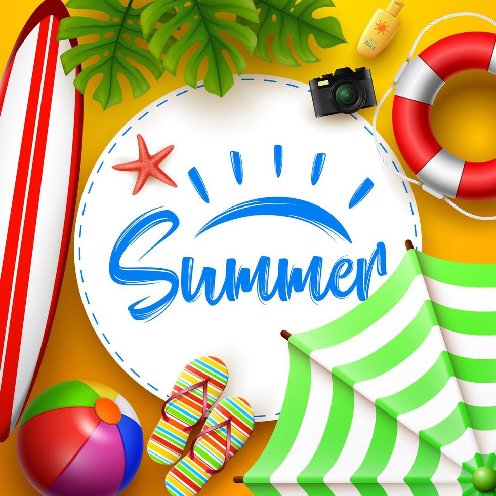 Summer time banner design with white circle for text and beach elements in orange background vector