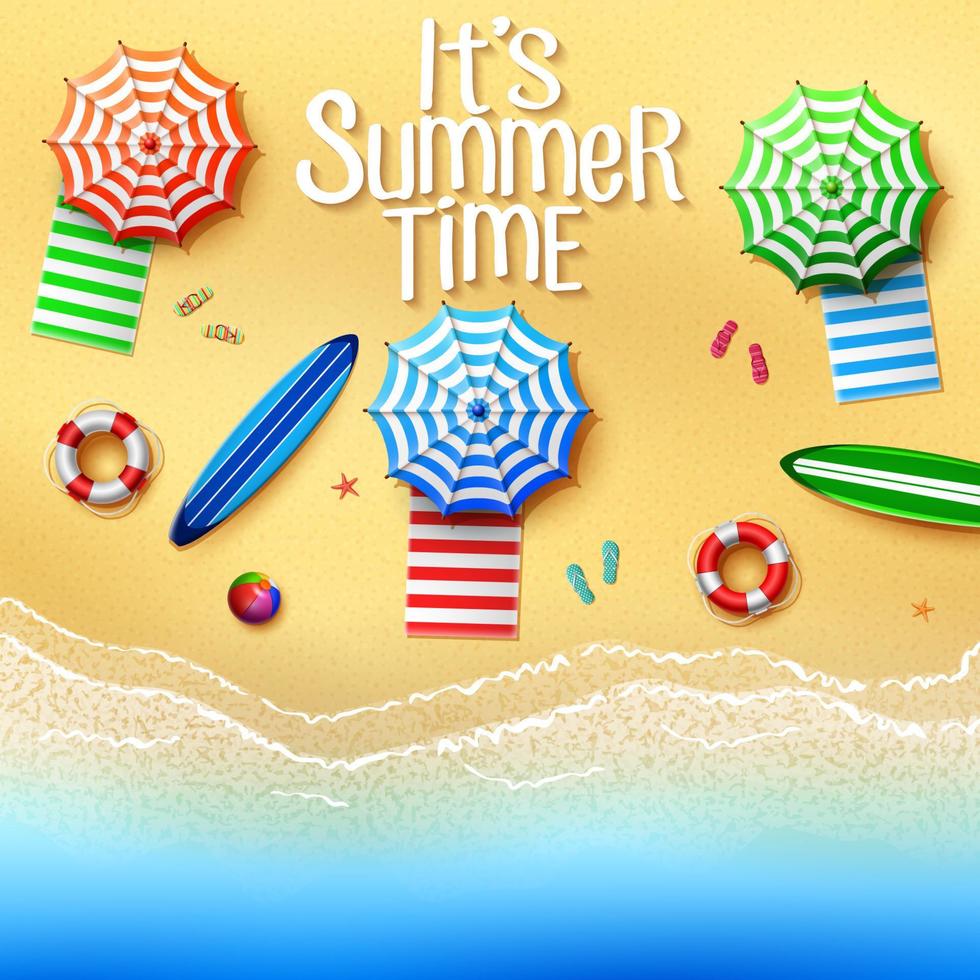 It's summer time. Top view of stuff on the beach - umbrellas, towels, surfboards, ball, lifebuoy, slipper and starfish on a sunny summer day vector