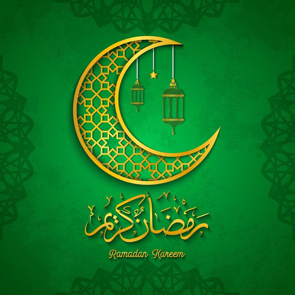 Ramadan Kareem greeting card with golden crescent islamic symbol and arabic calligraphy vector