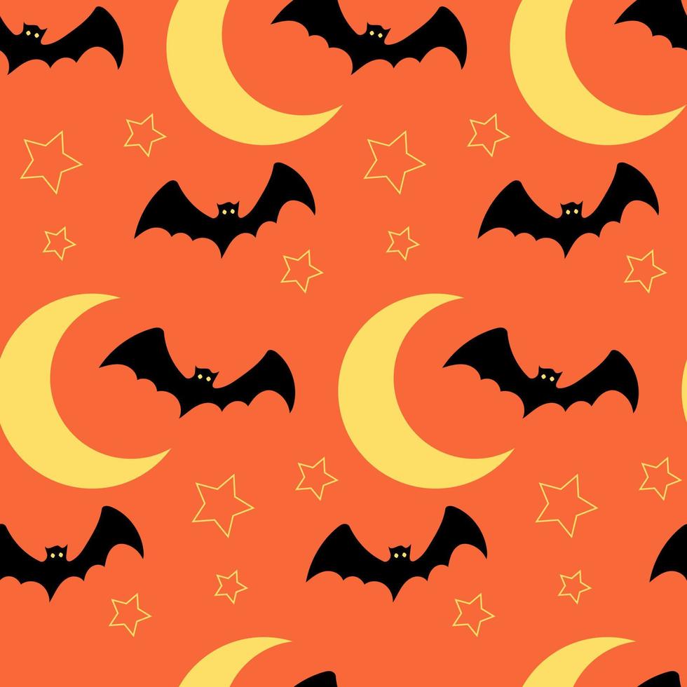 Halloween seamless pattern with bats flying around stars and moon on orange background. Hand drawn vector illustration for party decoration, scrapbooking, textile, wall paper, greeting cards design.