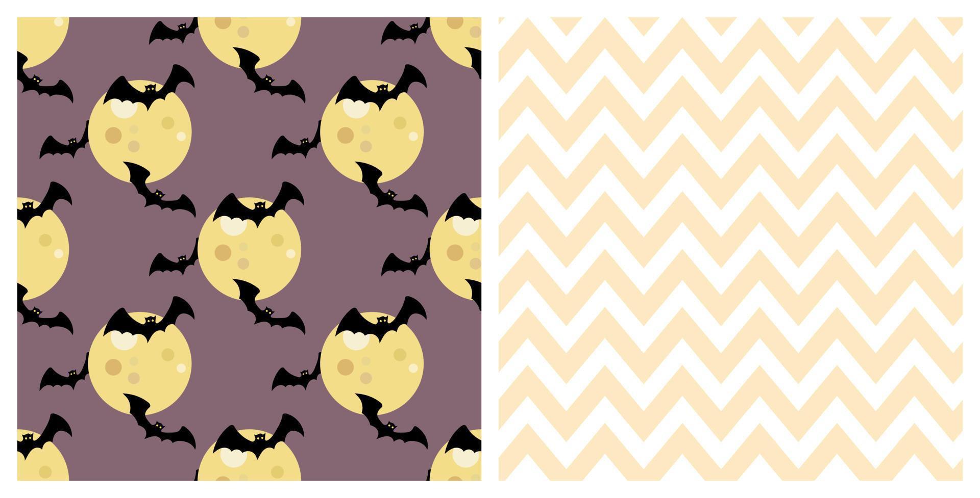 conjunto de patrones sin fisuras de murciélagos espeluznantes de halloween, volando alrededor de la luna y líneas de chevron. fondo para la celebración de halloween, textiles, papeles pintados, papel de envolver, scrapbooking. vector