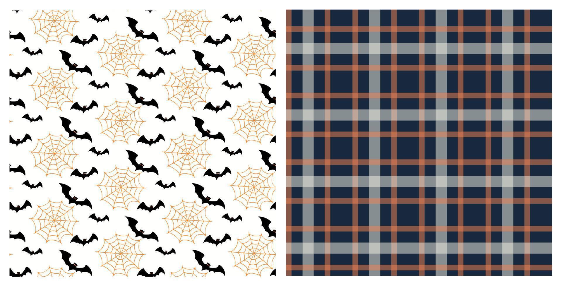 Set of seamless patterns of Halloween spooky bats, flying around spider webs, and Autumn plaid. Background for Halloween celebration, textiles, wallpapers, wrapping paper, scrapbooking. vector