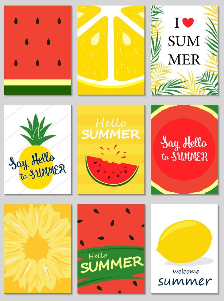 Set of colorful summer poster with pineapple, watermelon, lemon, palm leaves and hand written text vector