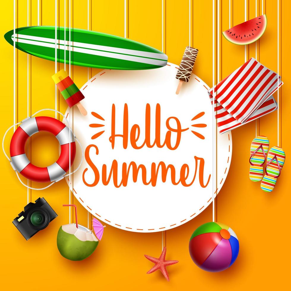 Hello Summer. View of surfboard, lifebuoy, camera, mat, ball, and round paper hanging on orange background vector