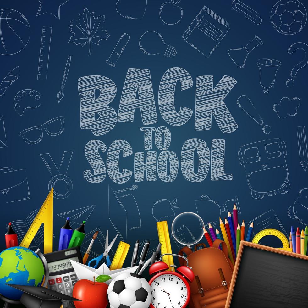 Back to School with school supplies on chalkboard background vector