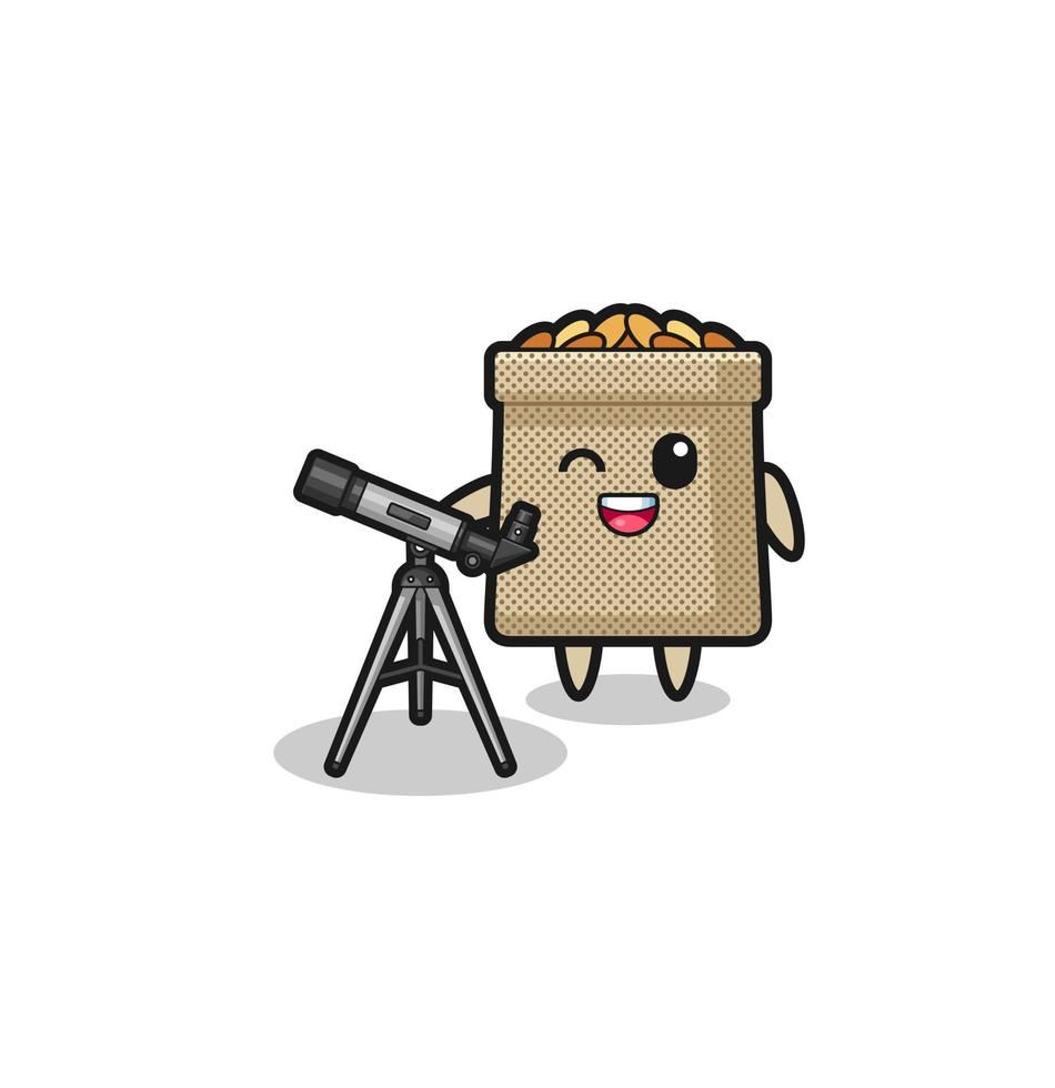 wheat sack astronomer mascot with a modern telescope vector