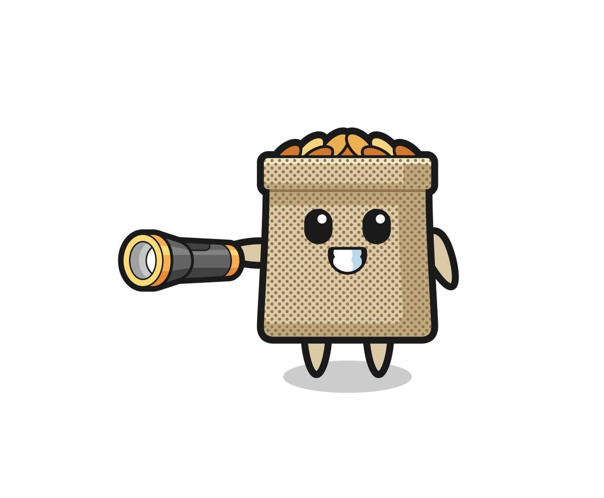 wheat sack mascot holding flashlight vector