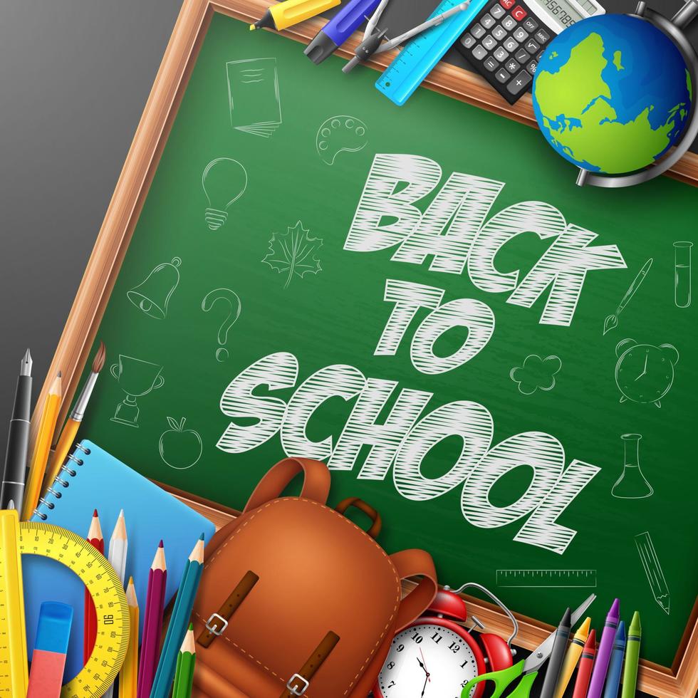 Back to School with school supplies on chalkboard background vector