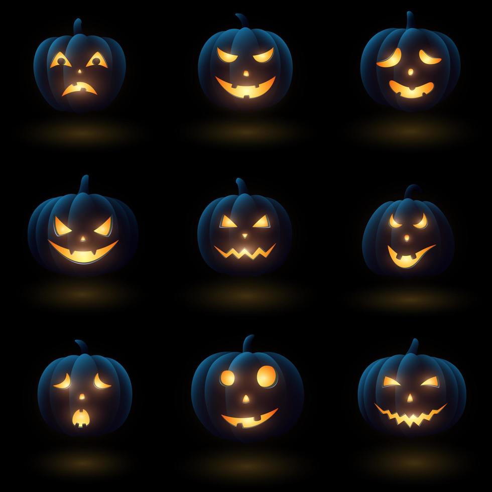 conjunto de calabazas de halloween con caras diferentes vector