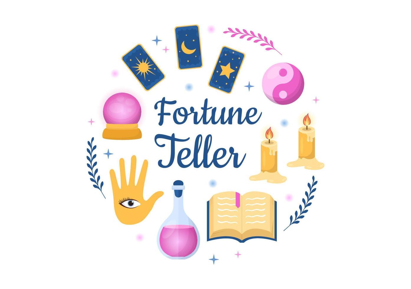Fortune Teller Template Hand Drawn Cartoon Flat Illustration with Crystal Ball, Magic Book or Cards for Predicts Fate and Telling the Future Concept vector