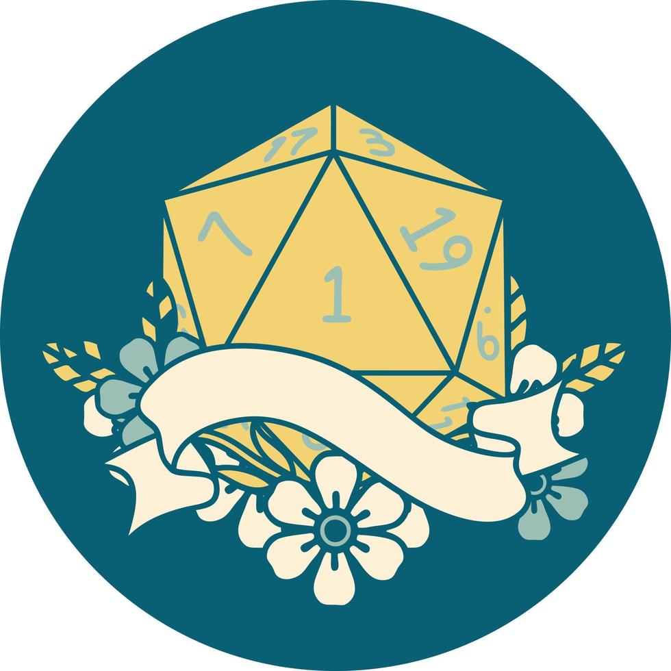 Retro Tattoo Style natural one d20 dice roll vector