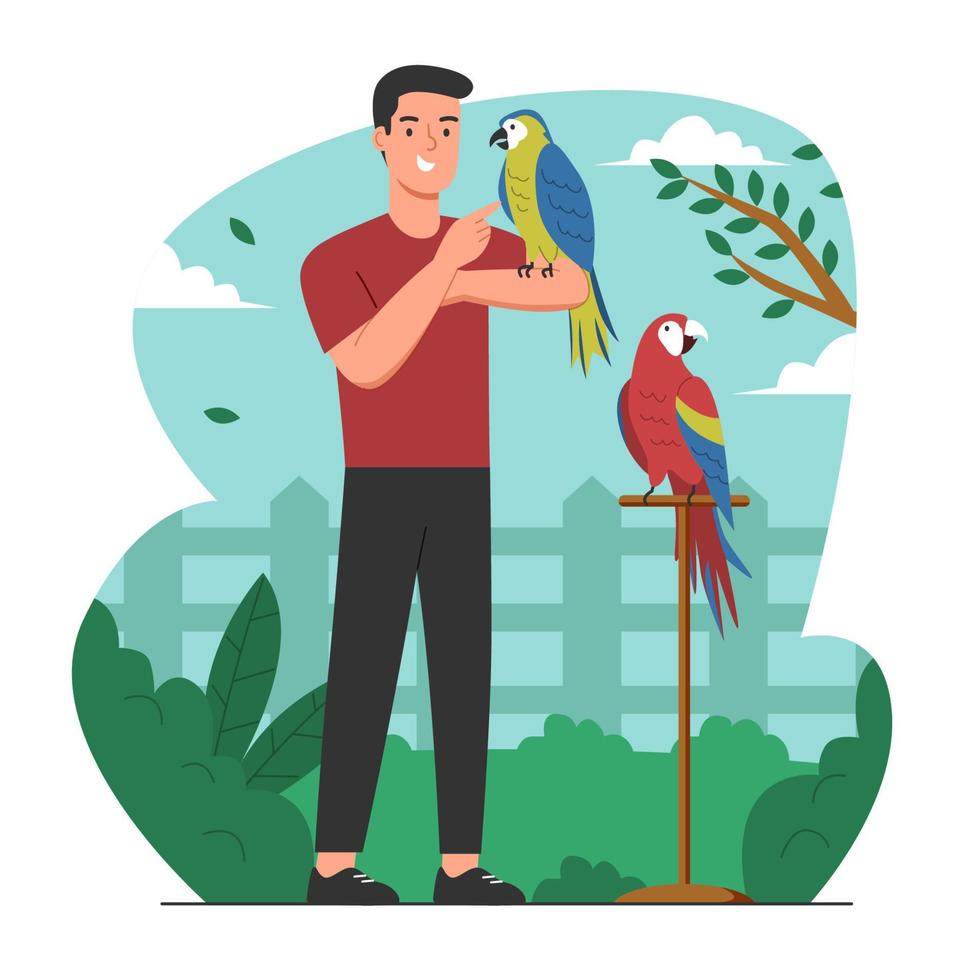 hombre con mascotas de aves exóticas vector