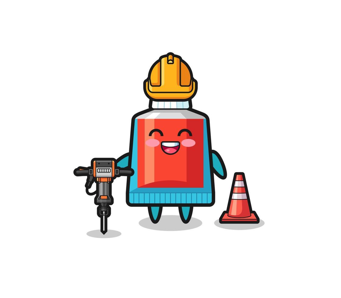 road worker mascot of toothpaste holding drill machine vector