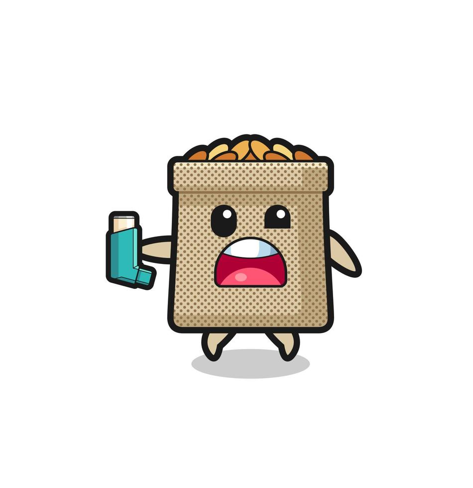 wheat sack mascot having asthma while holding the inhaler vector