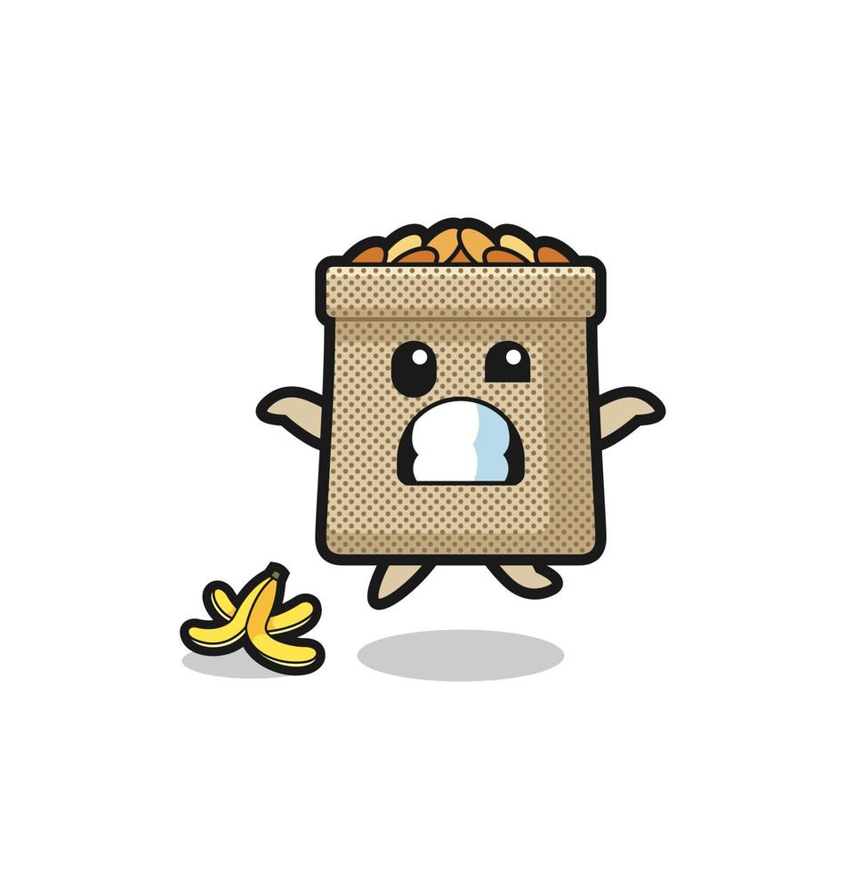 wheat sack cartoon is slip on a banana peel vector