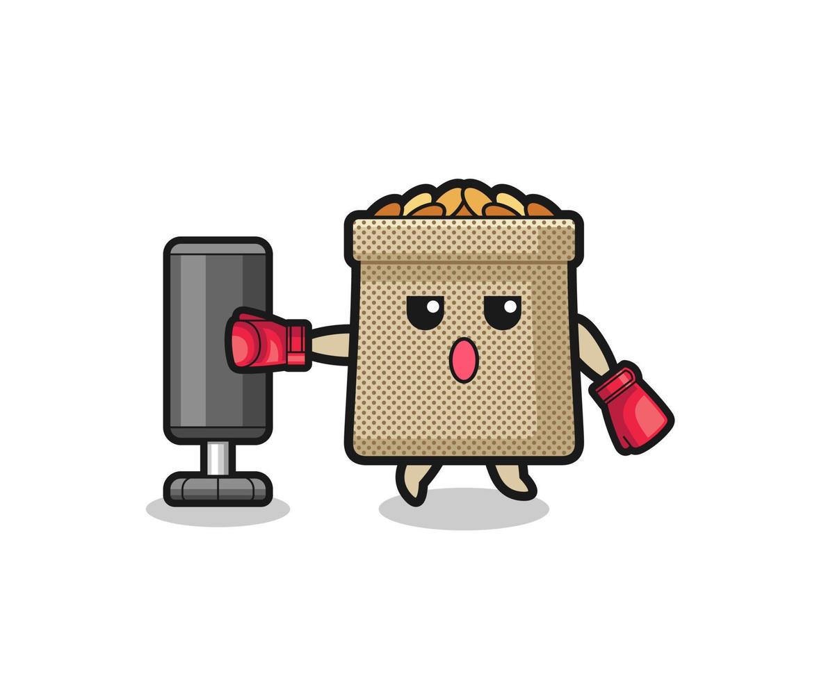 wheat sack boxer cartoon doing training with punching bag vector