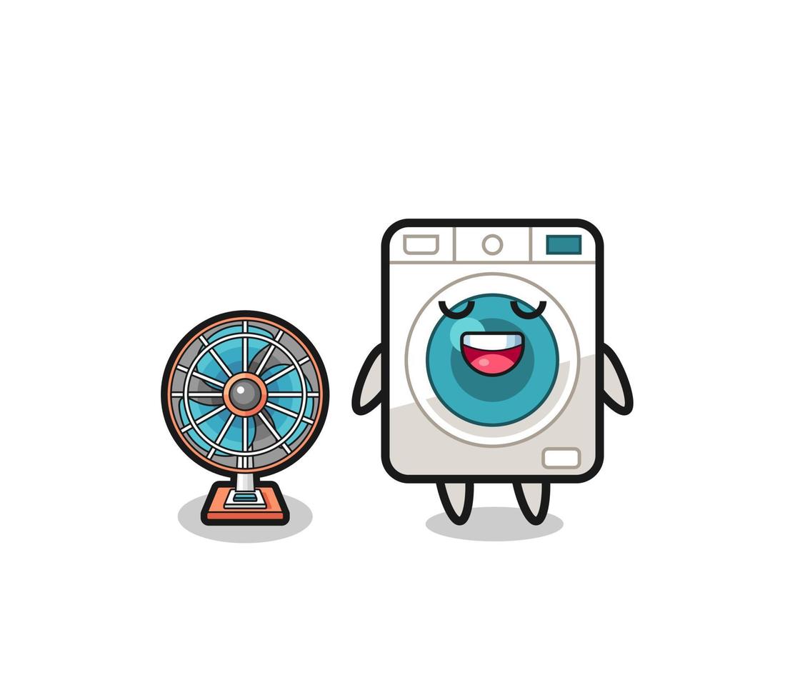 cute washing machine is standing in front of the fan vector