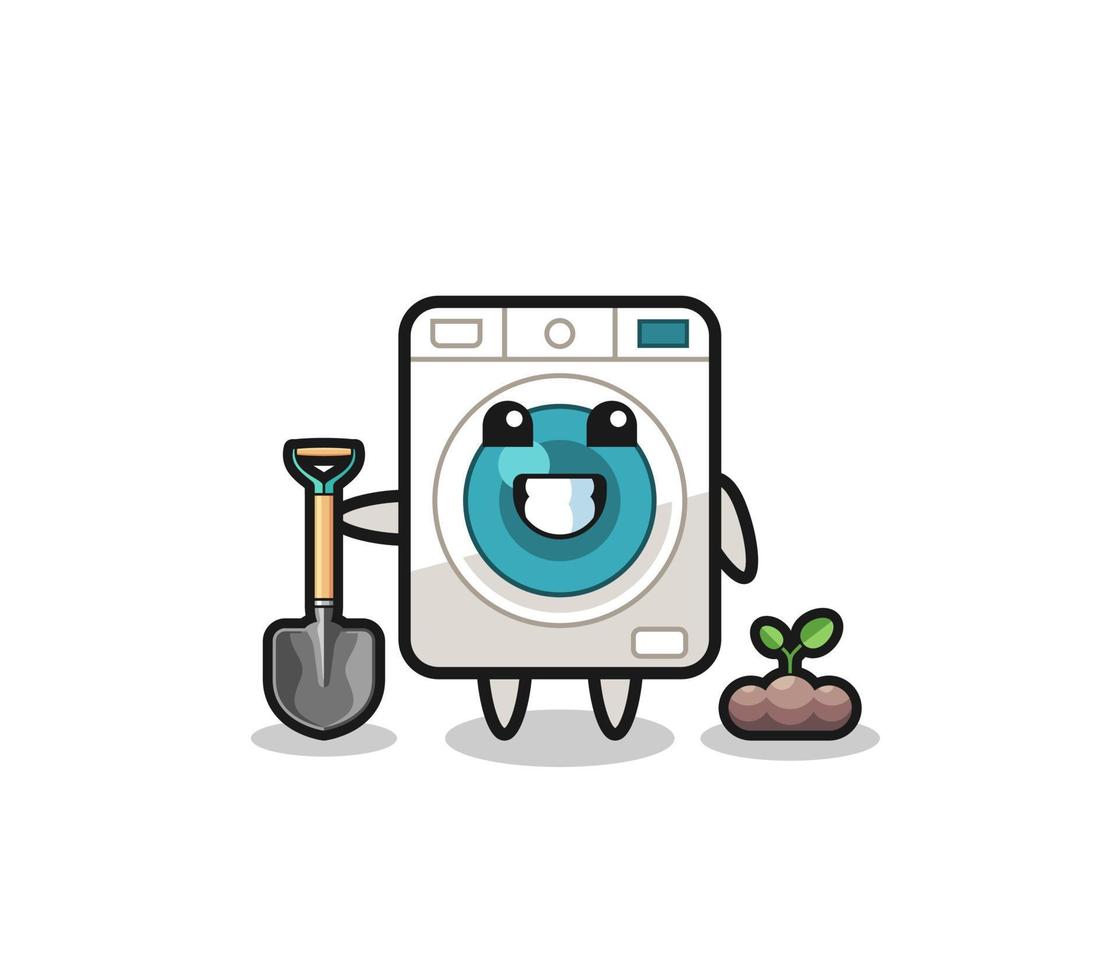 cute washing machine cartoon is planting a tree seed vector