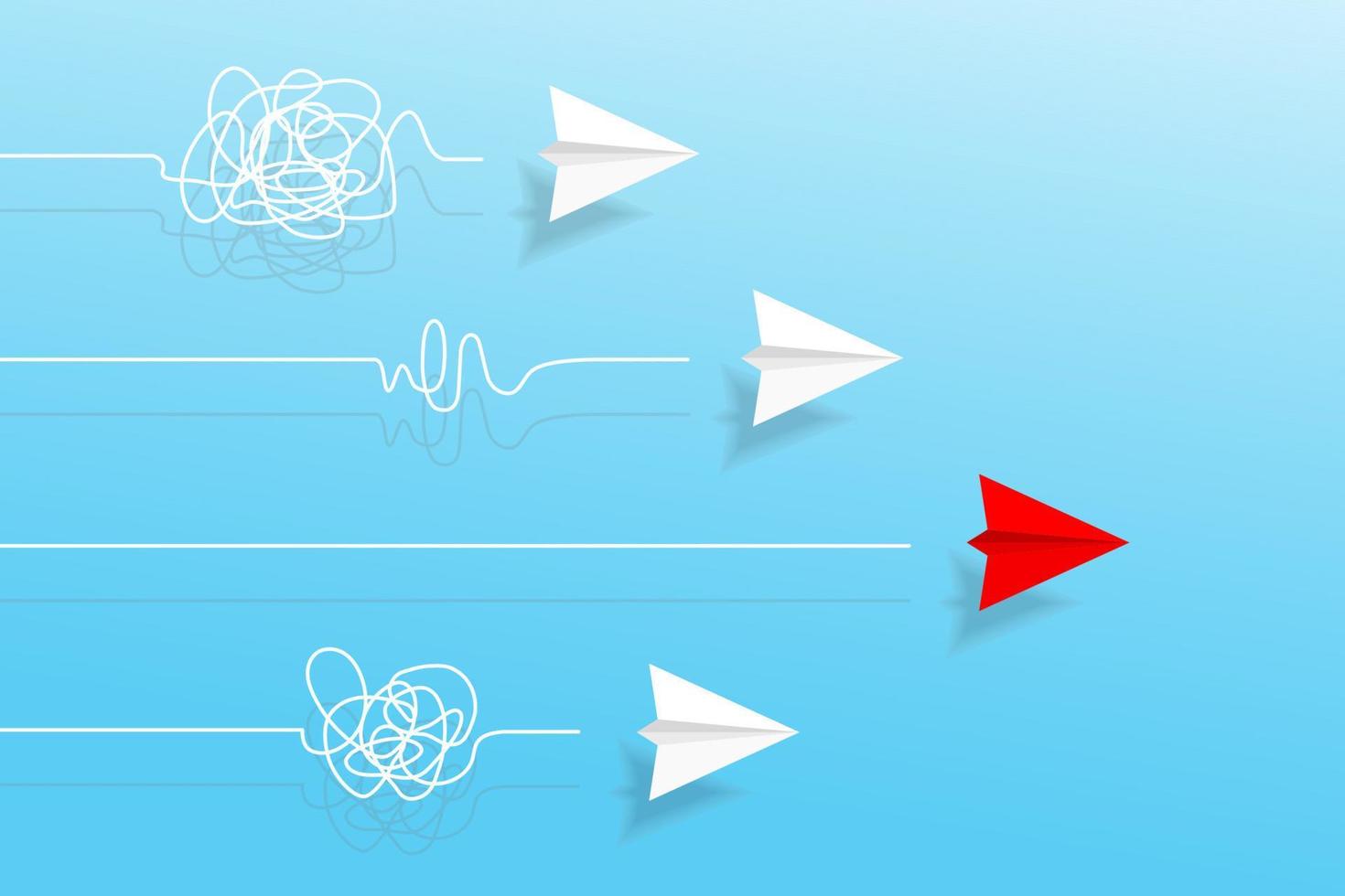 Competition paper planes with doodle line. Concept of business, leadership, problem solution, success, education, goal challenge, mission target, think different, standout vision, courage management vector