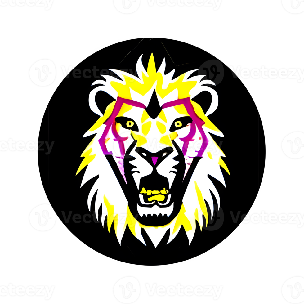 logotipo de cabeza de leones coloridos, pegatina de cara de leones, estilo de arte pop moderno, fondo negro oscuro. png