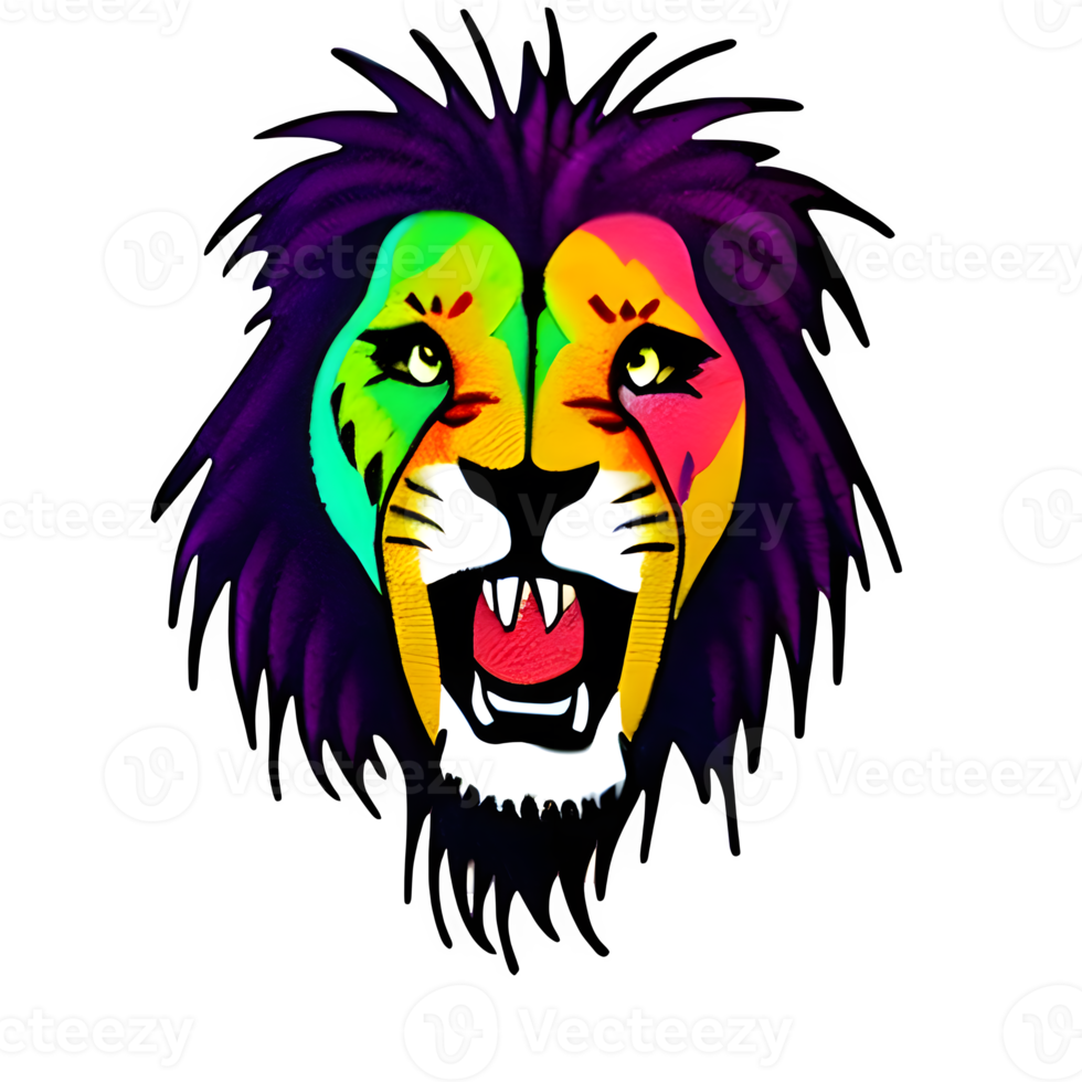 logotipo de cabeza de leones coloridos, pegatina de cara de leones, estilo de arte pop moderno, fondo negro oscuro. png