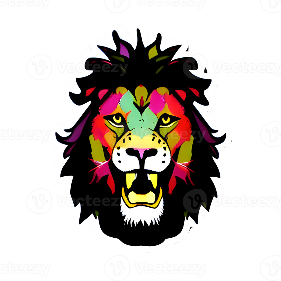 logotipo de cabeza de leones coloridos, pegatina de cara de leones, estilo de arte pop moderno, fondo negro oscuro. png