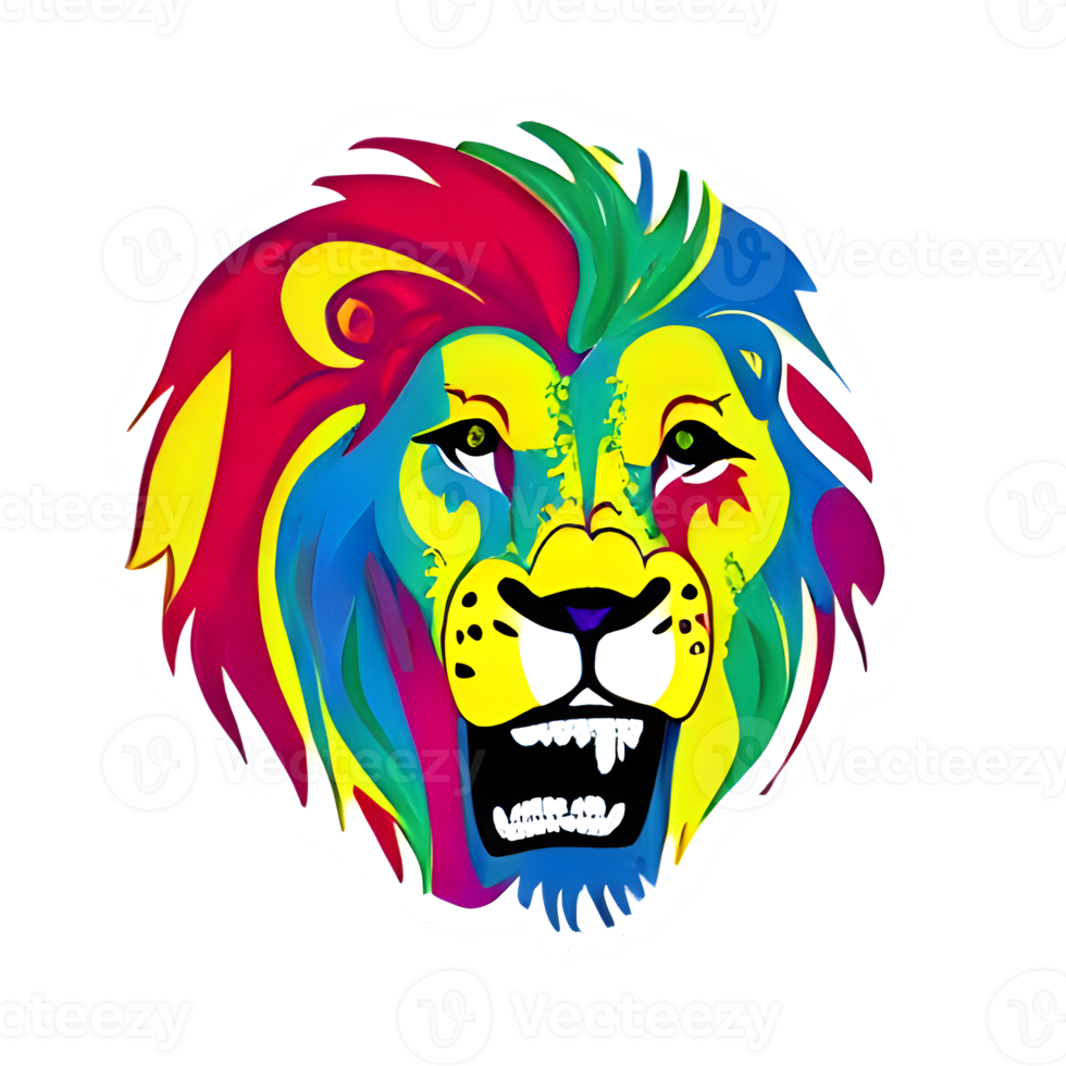 logotipo de cabeza de leones coloridos, pegatina de cara de leones, estilo de arte pop moderno, fondo negro oscuro. png