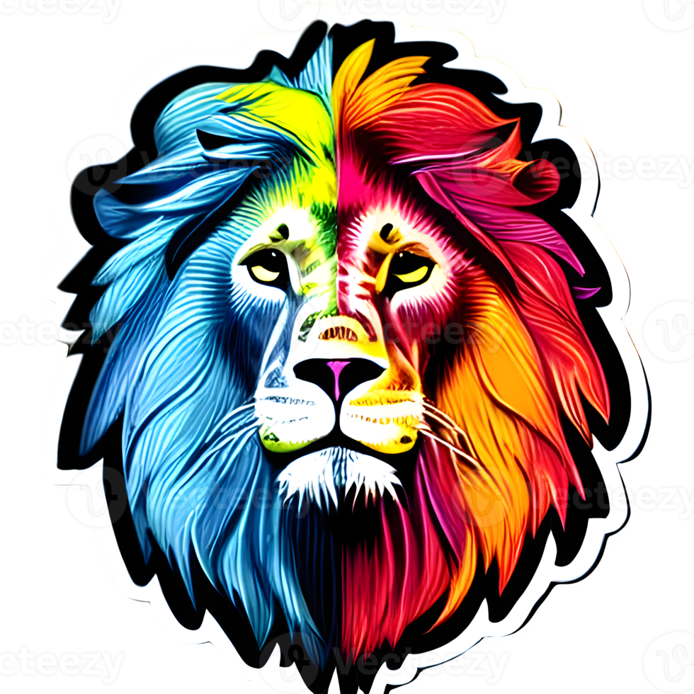 logo de tête de lions colorés, autocollant de visage de lions, style pop art moderne, fond noir foncé. png