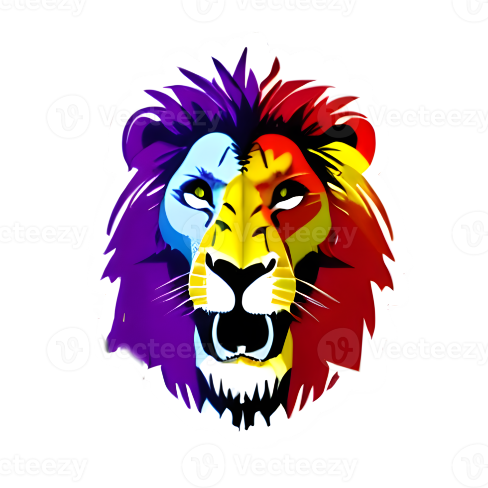 logotipo de cabeza de leones coloridos, pegatina de cara de leones, estilo de arte pop moderno, fondo negro oscuro. png