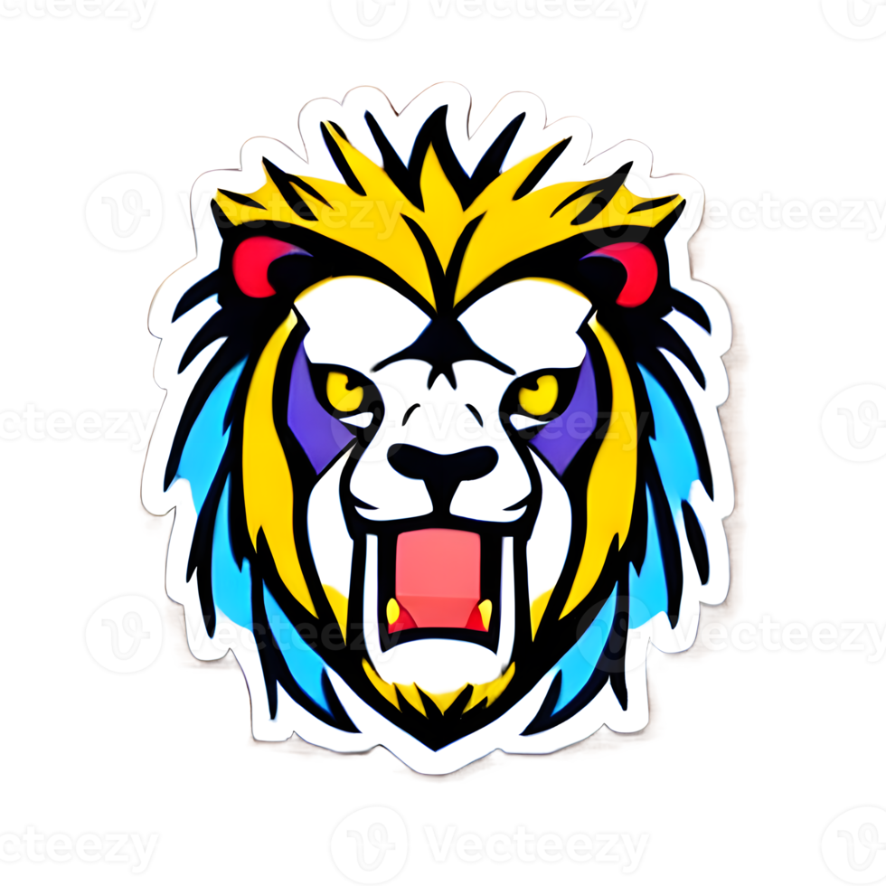 Colorful lions Head Logo, lions face Sticker, modern pop art style, dark Black background. png